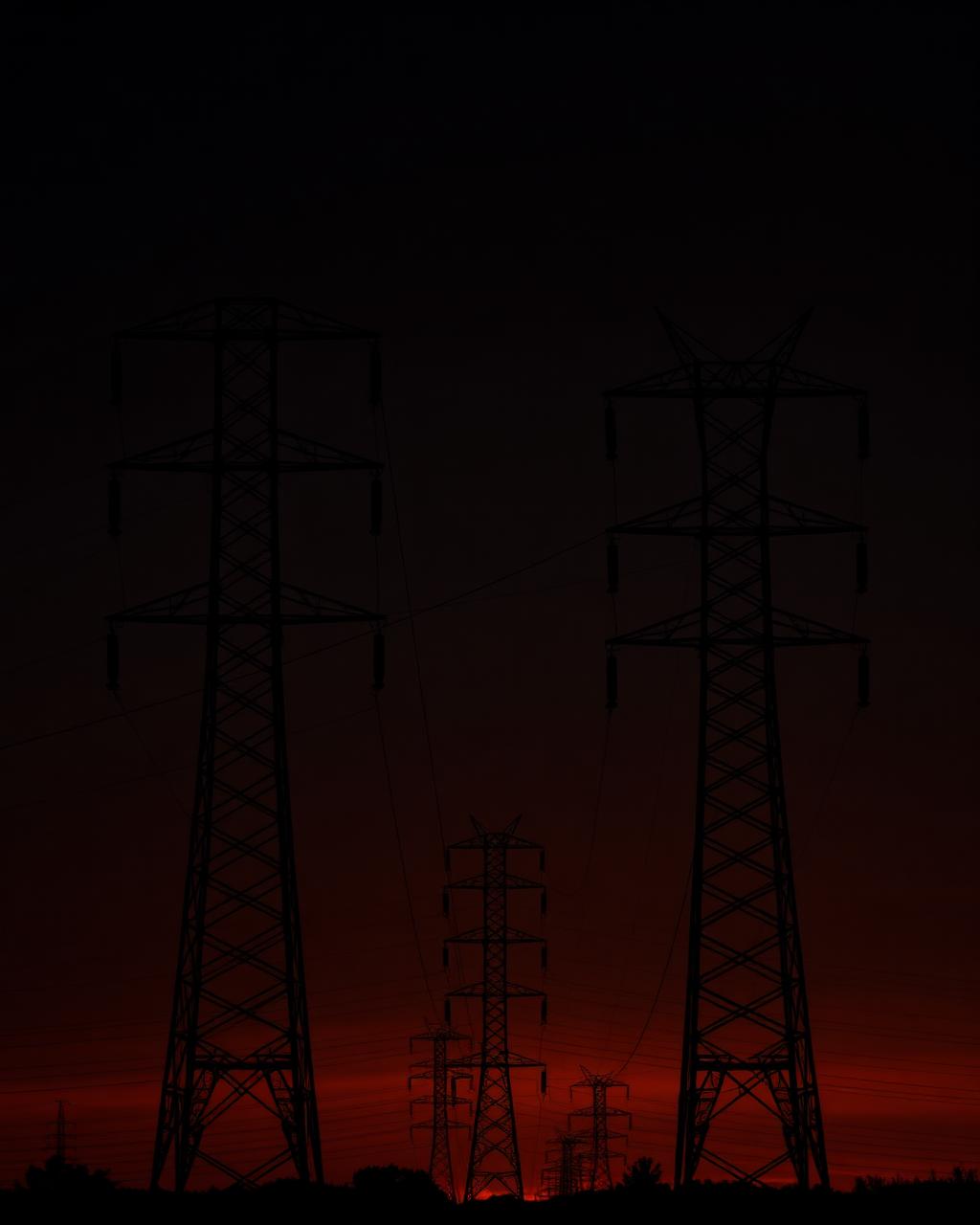 High voltage transmission towers against a dark orange sky
