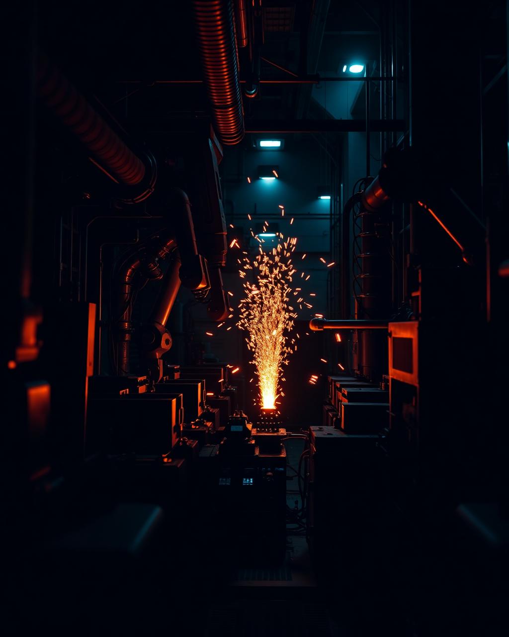 Dark manufacturing floor with orange sparks