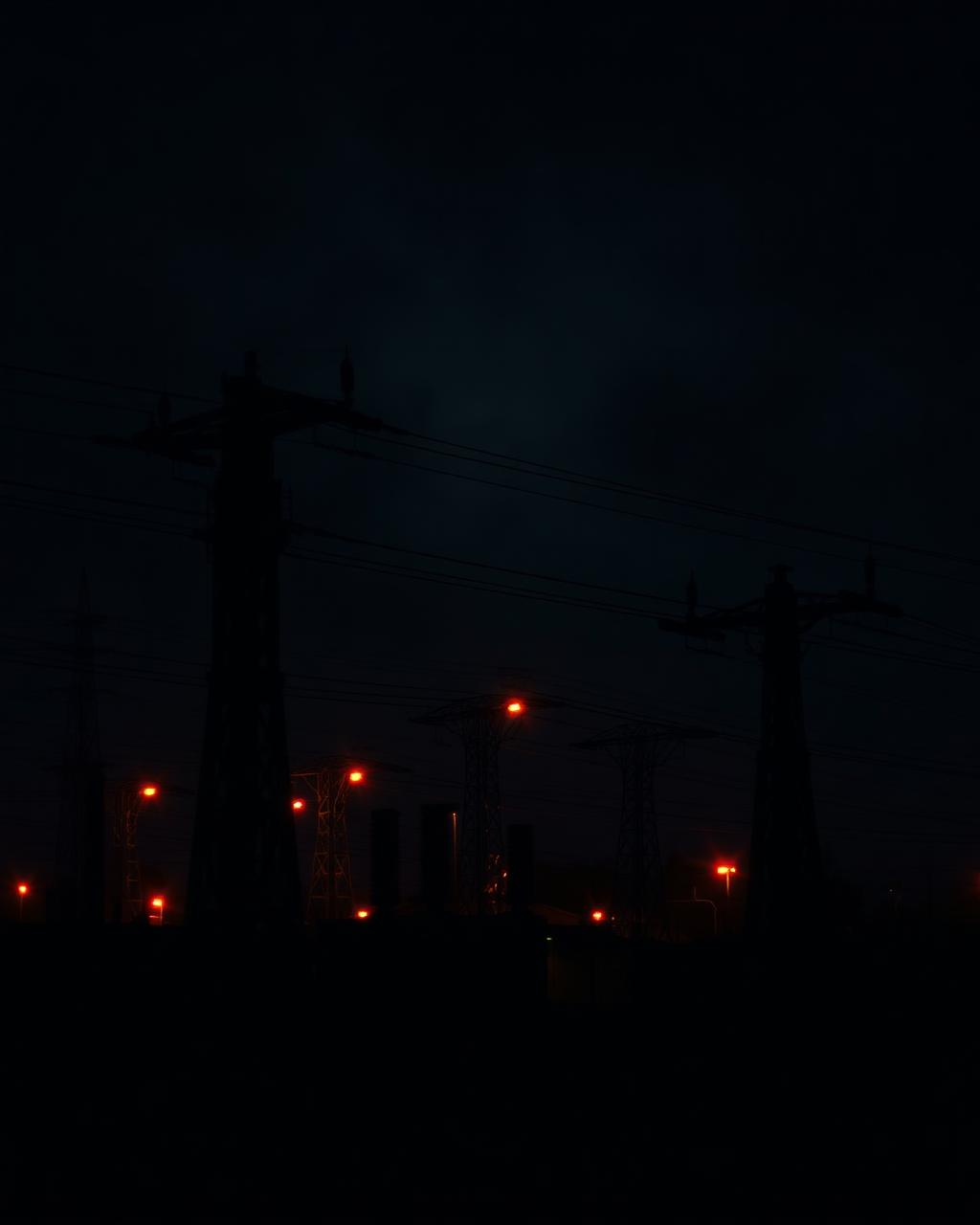 Electrical substation silhouetted at night